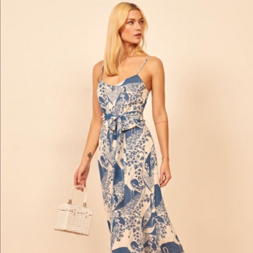 Reformation Blue and White Midi Dress